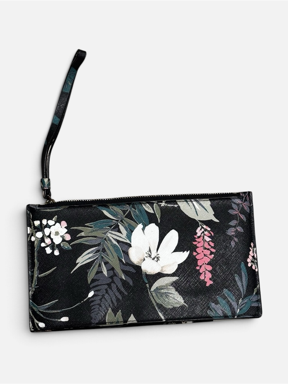 kate spade Black Floral Pouch with Cream Blossoms & Teal and Olive Leaves* - Picture 2 of 10